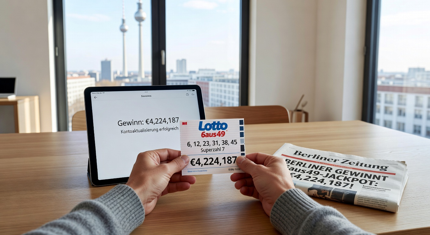 Gewinnscheck-Symbolik mit Berliner Wahrzeichen und Euro-Scheinen, illustriert den bevorstehenden Millionen-Auszahlung